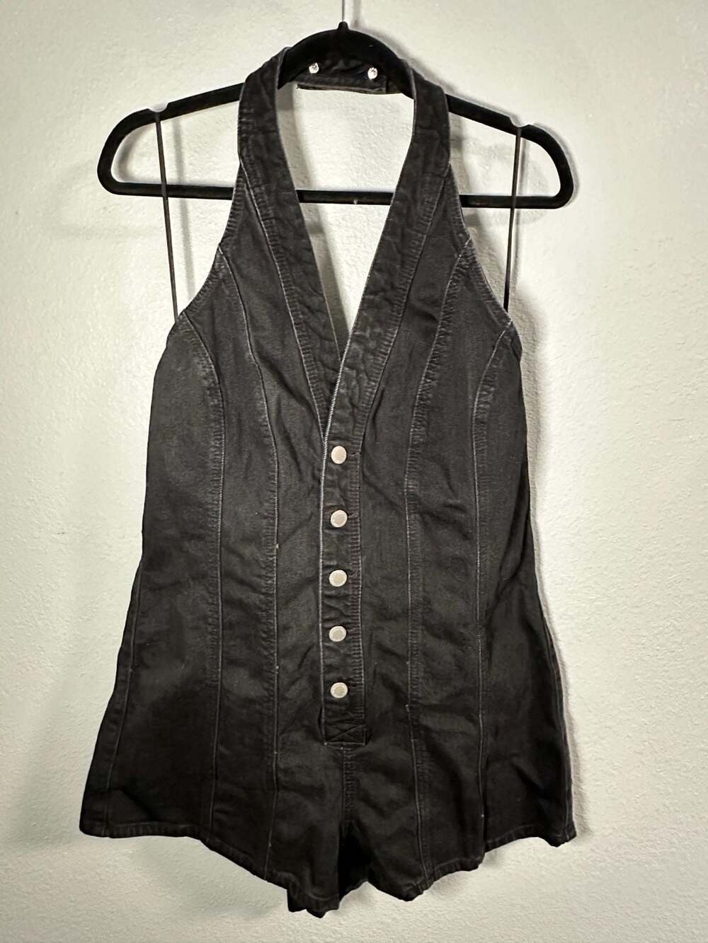 Universal Thread Black Denim Halter Button-Up Romper